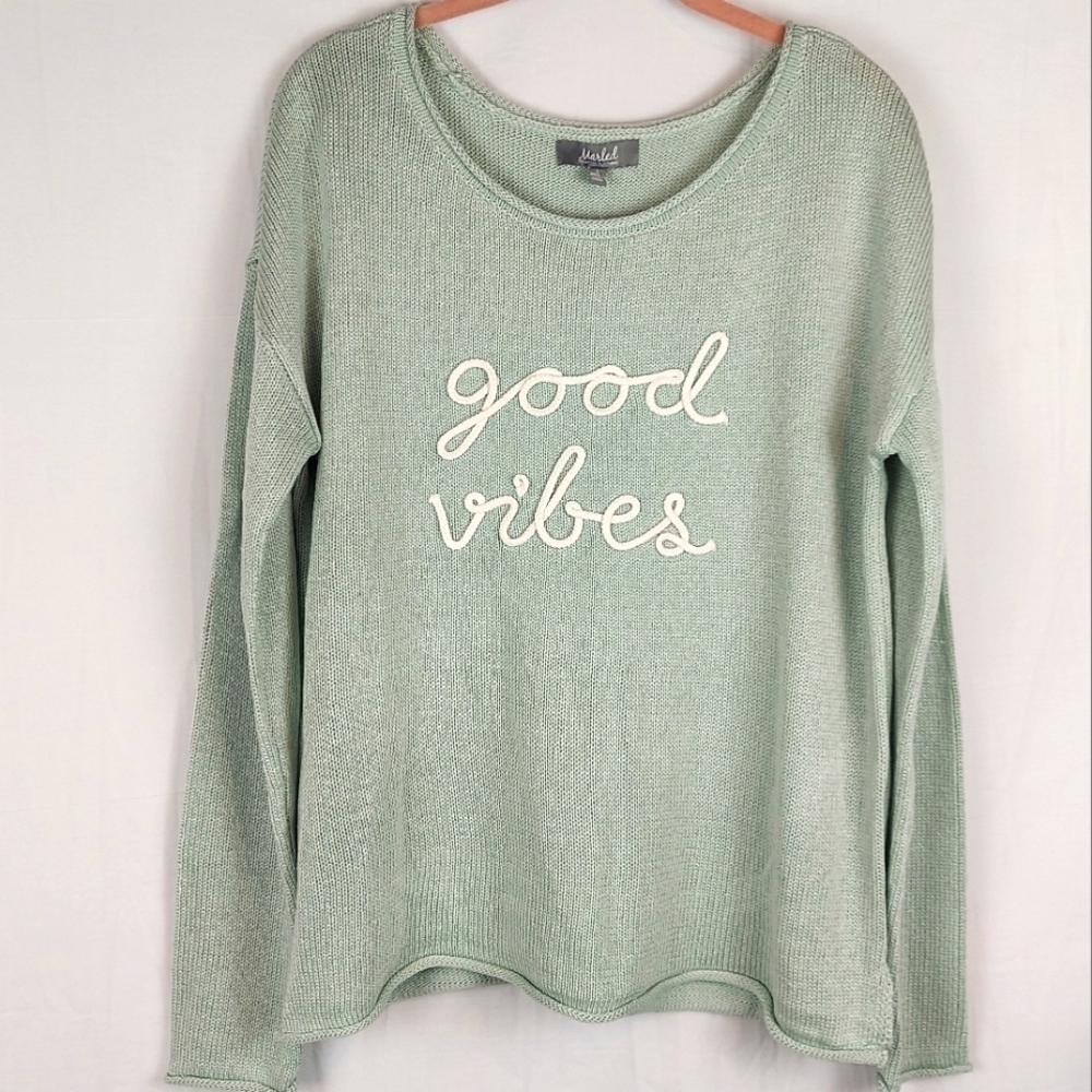 Marled Reunited Clothing Medium Good Vibes Dusty Green Scoop Neck Sweater Size L